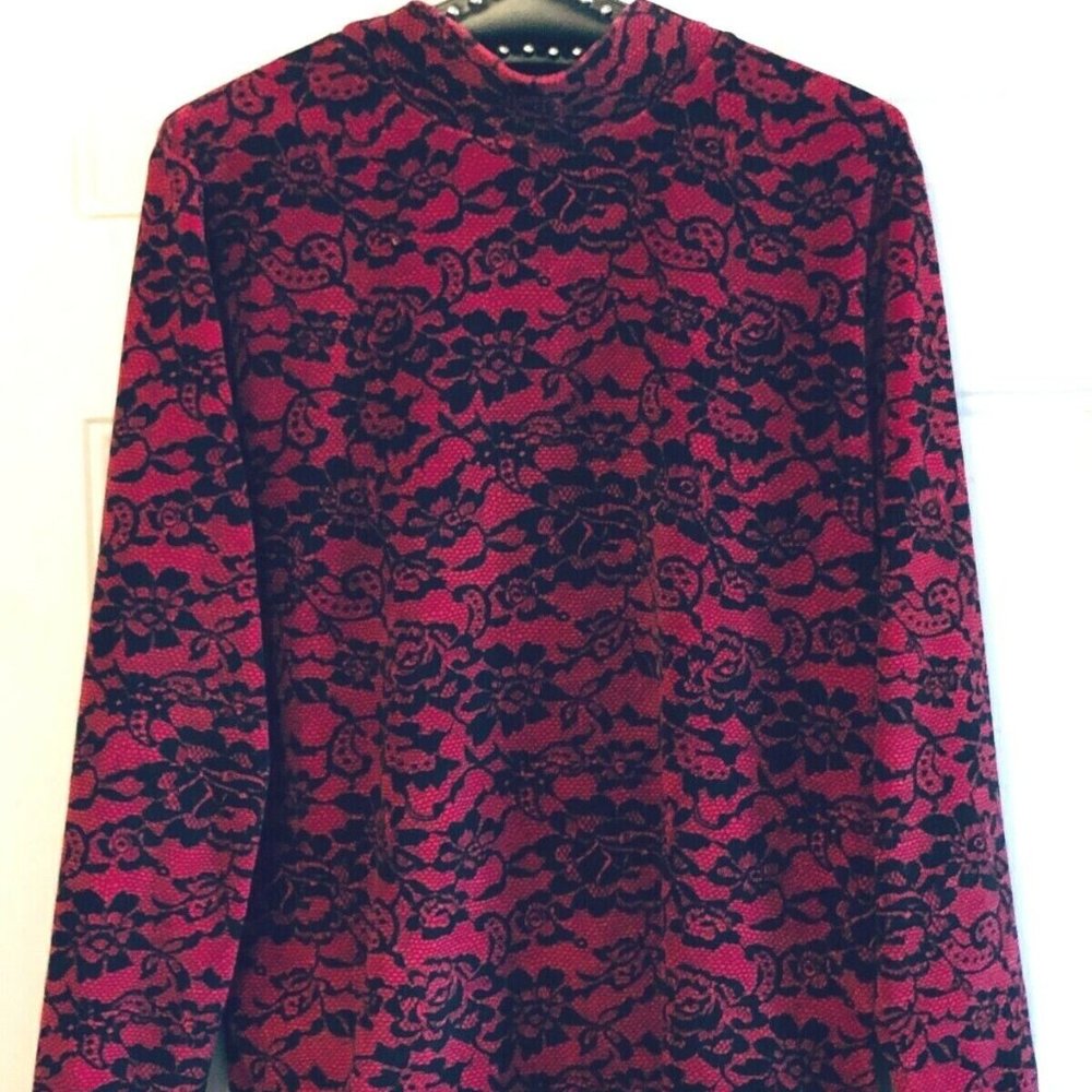 ERICA Sz S Womens Velour Velvet Knit Top Pullover Mock Neck Red/Black Floral